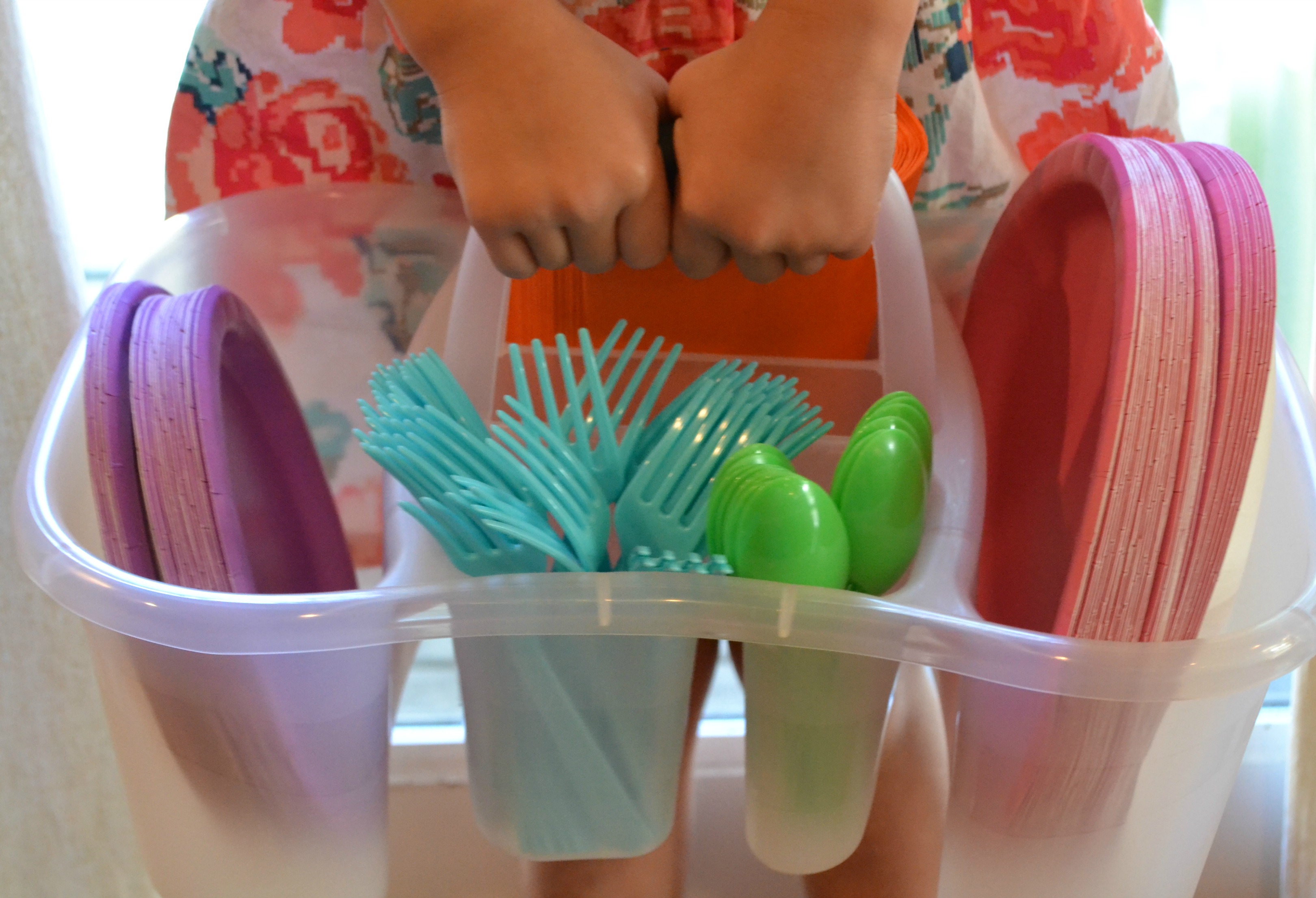 Kid Chores: Setting the Table. This caddy is perfect for toddlers learning chores. It has everything they need in all one space.