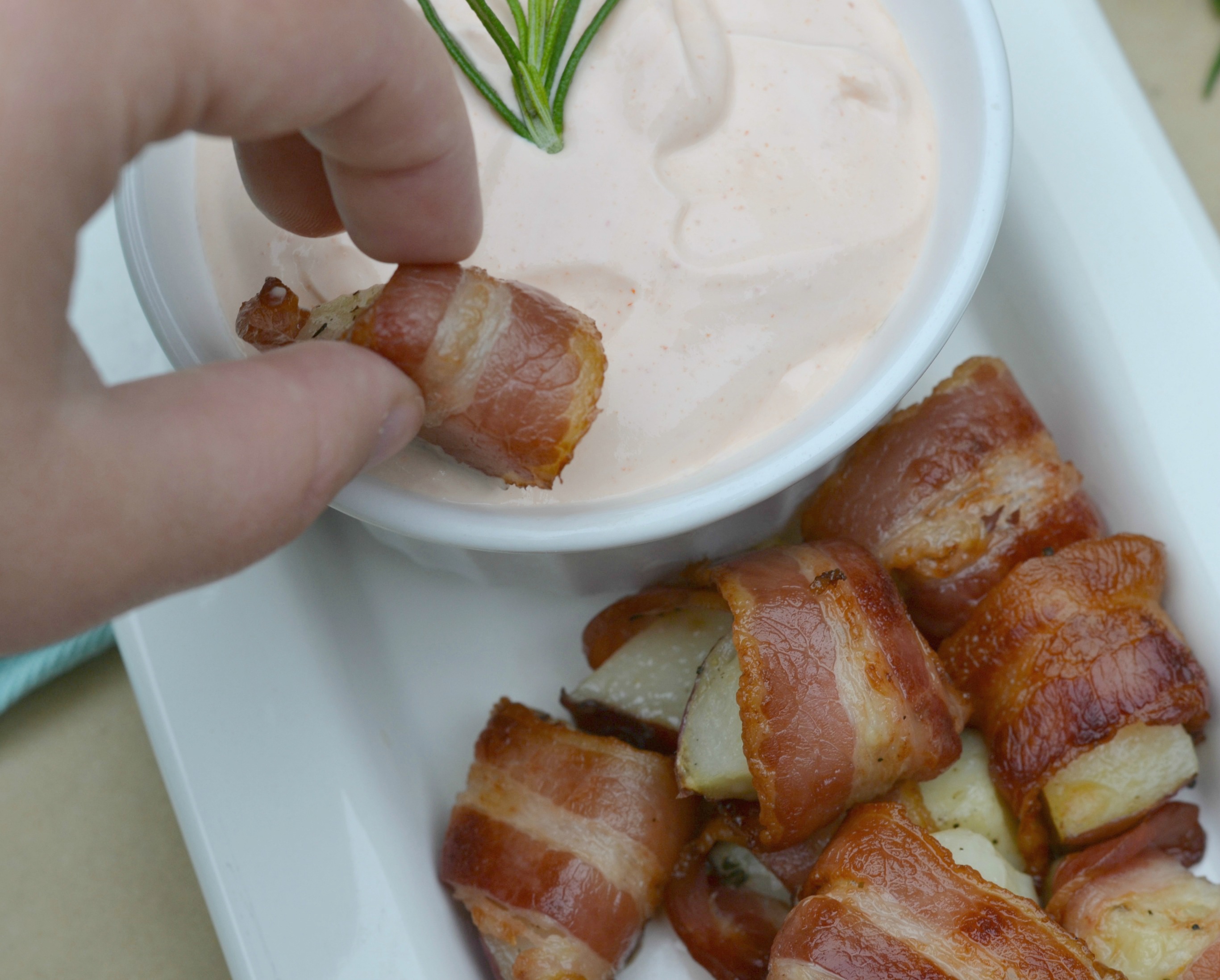 Bacon Wrapped Potato Bites with Spicy Sour Cream Dip