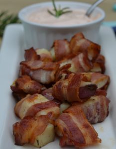 Bacon Wrapped Potato Bites with Spicy Sour Cream Dip