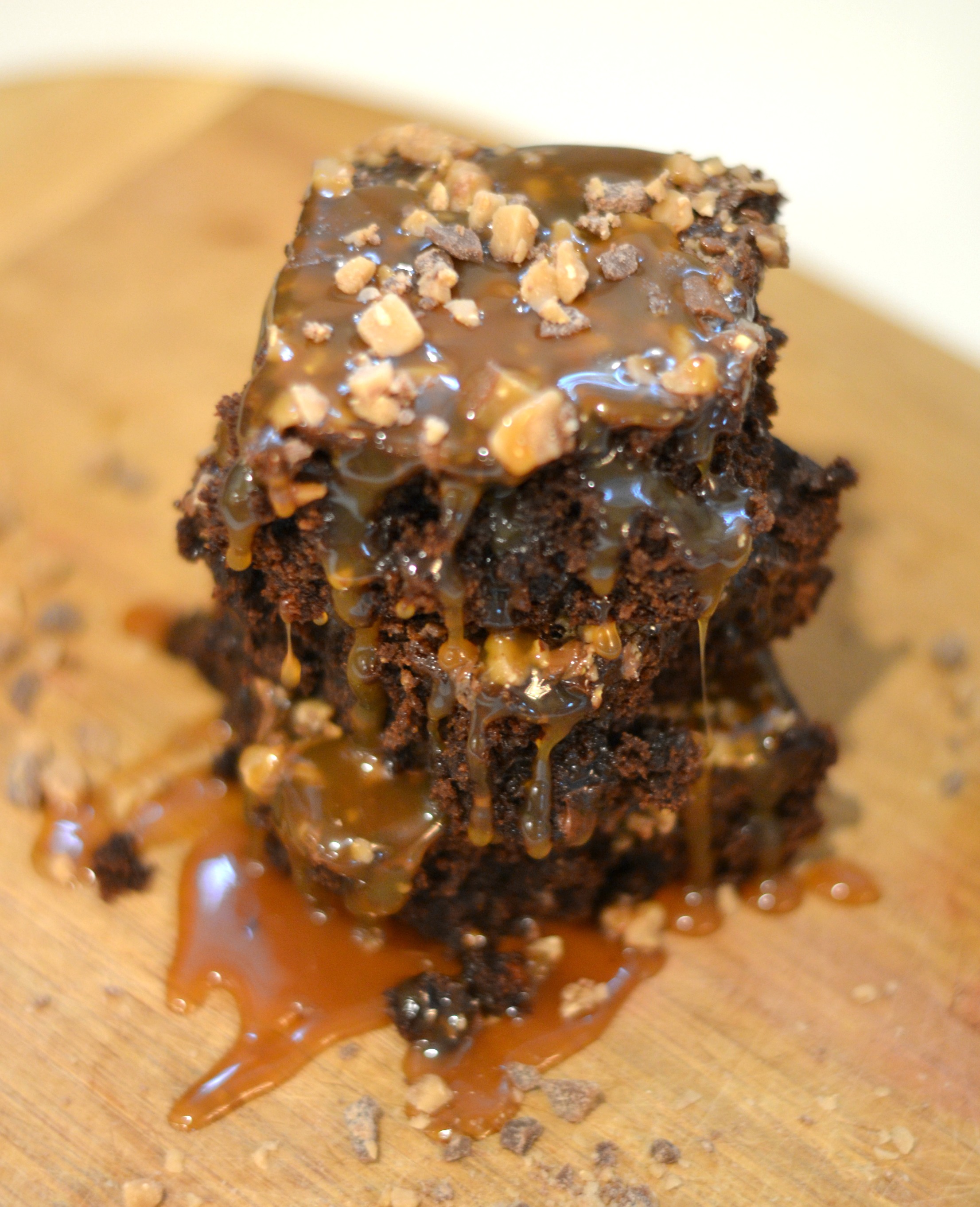 Toffee and Caramel Double Chocolate Brownies. Easy box brownies with caramel and toffee!